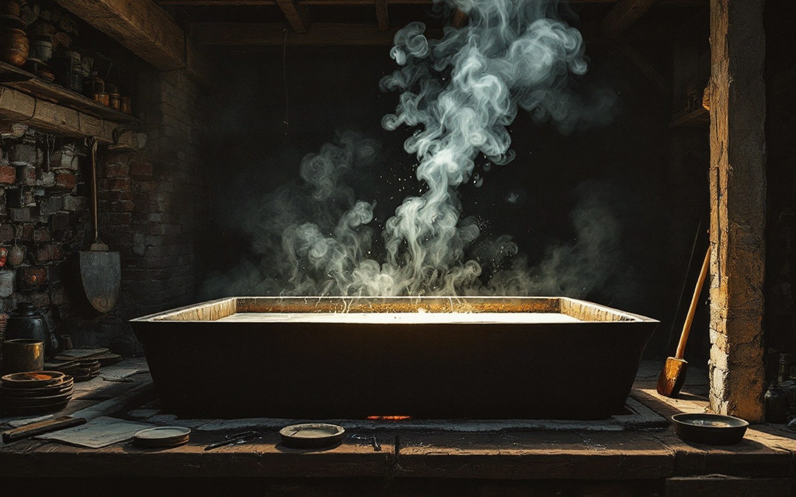 Steam rises from a large rectangular metal pan set in a rustic workshop
