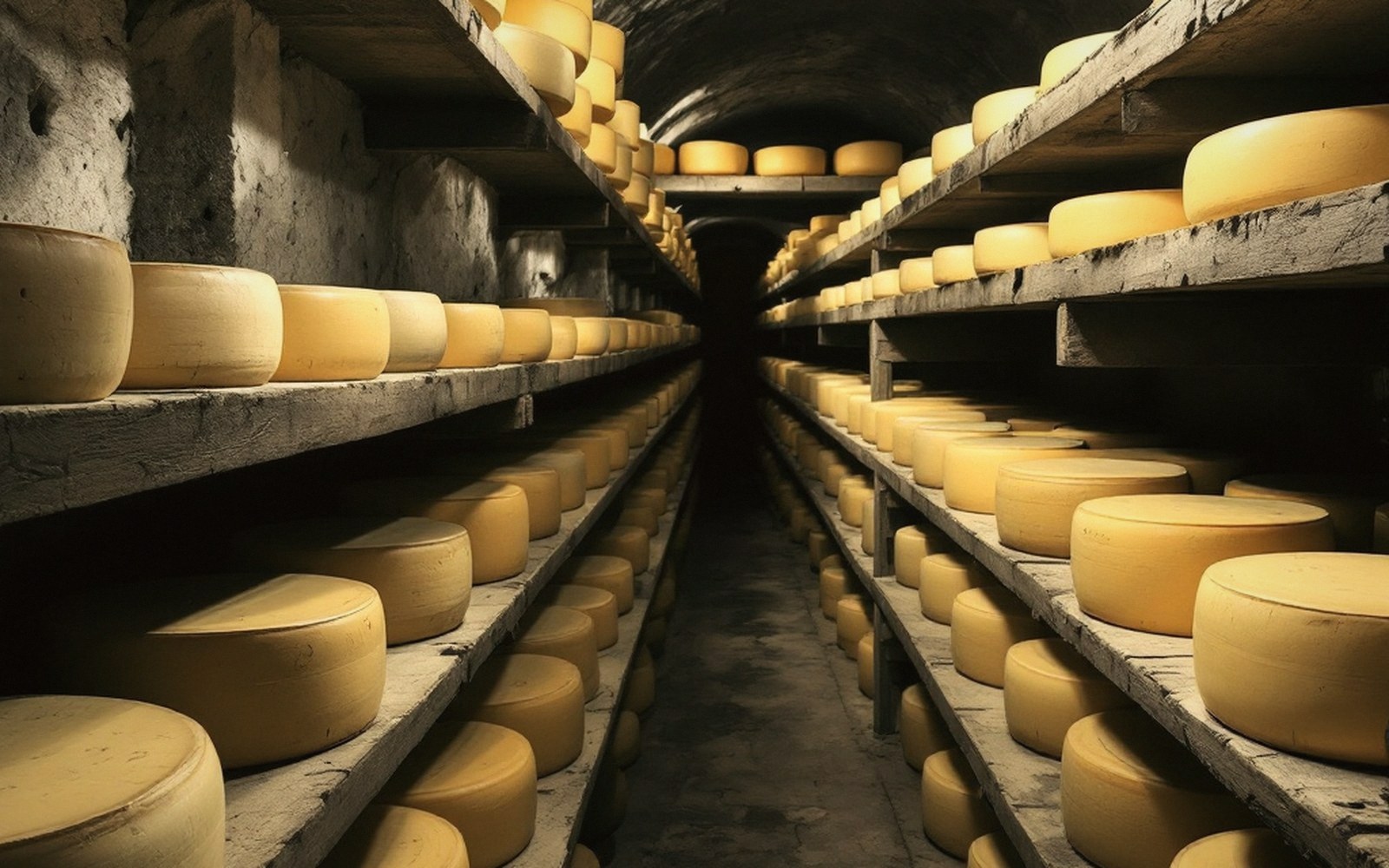 Rows of cheese wheels aging on wooden shelves in a stone cellar tunnel