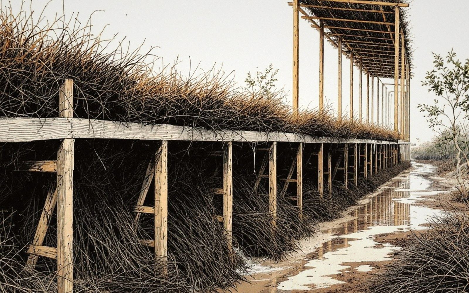 Wooden graduation tower packed with thorn bundles beside a wet pathway