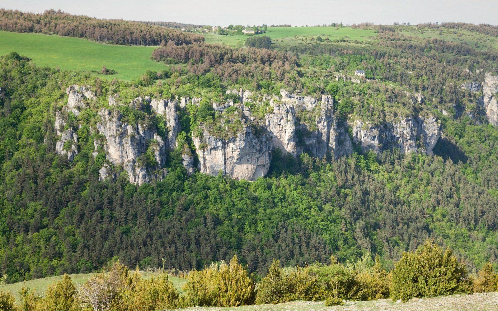 Limestone cliffs and rocky spires rise from a forested valley surrounded by green farmland