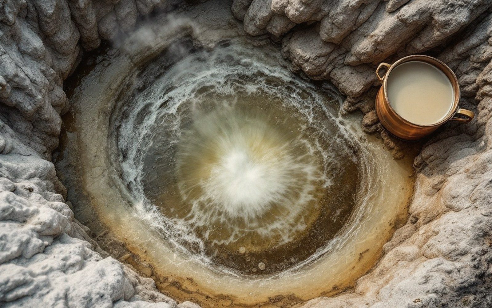 A copper cup rests beside a bubbling mineral spring surrounded by rocky terrain