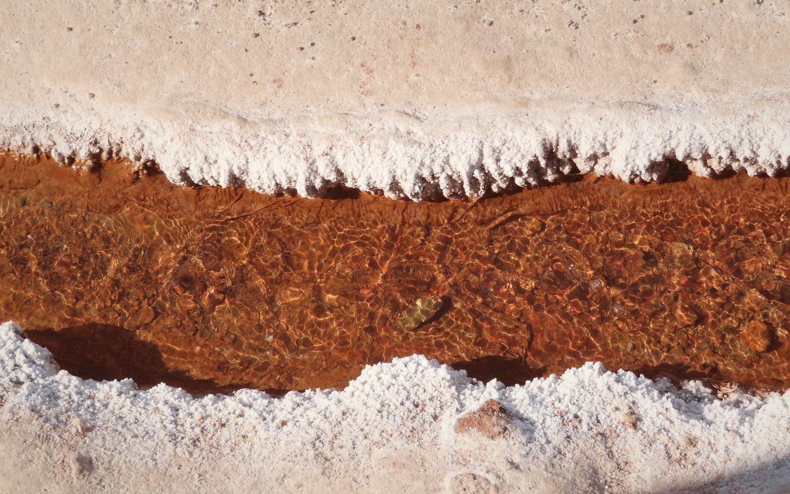 Rust-colored brine flows through a narrow channel edged by crusted white salt deposits