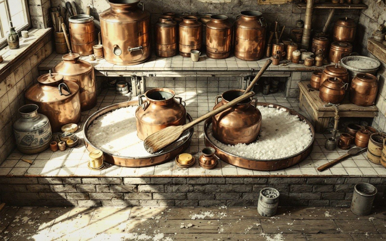 Copper milk churns sit in salt-filled basins on a tiled dairy workbench