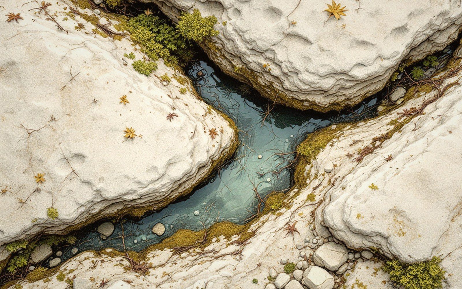 Overhead view of a shallow pool between pale rocks, edged with moss and fallen leaves