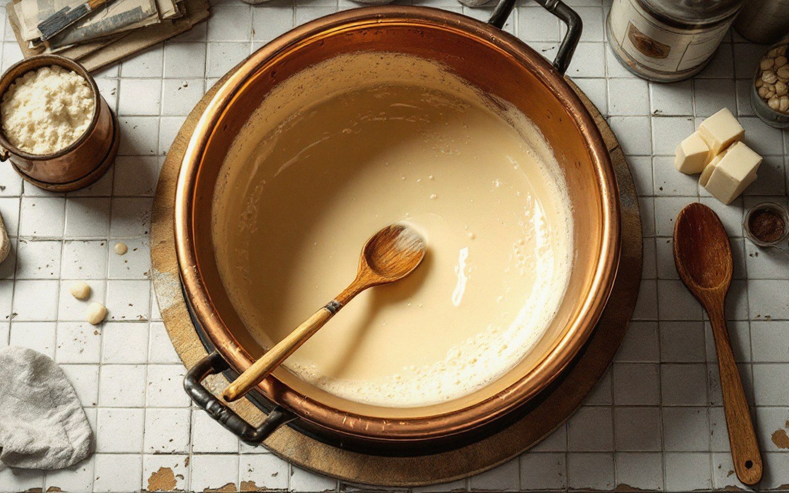 Wooden spoon resting in a copper pot of cream on a tiled counter