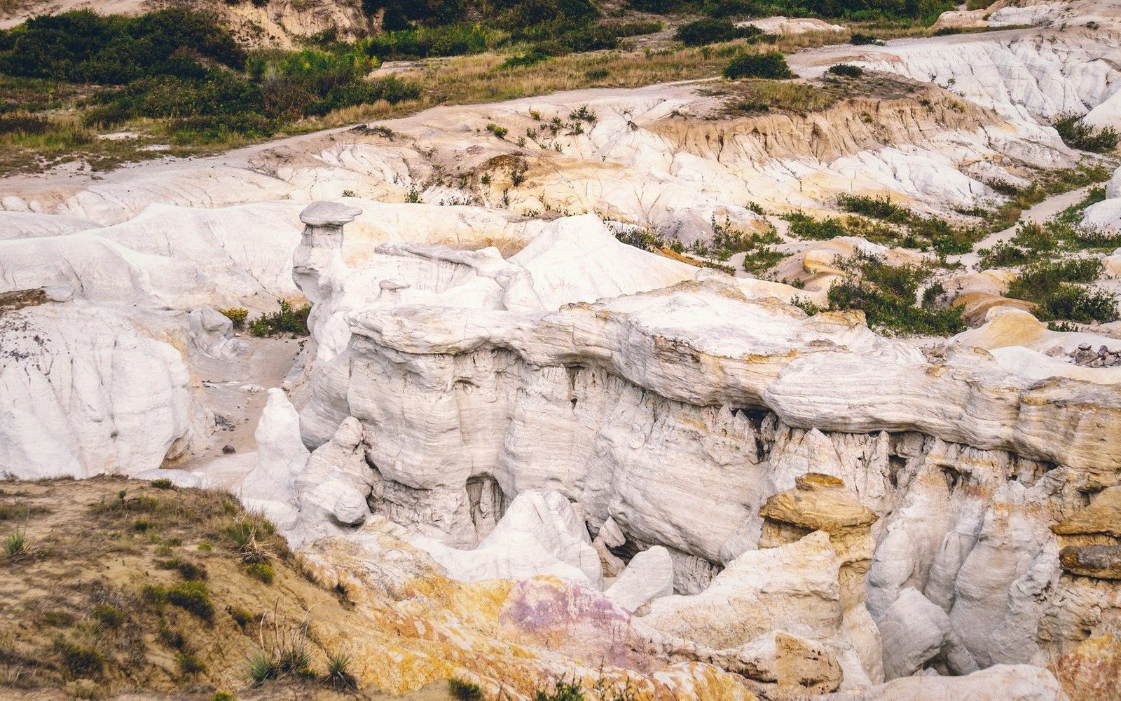 Eroded white sandstone formations with a mushroom-shaped rock outcrop on a scrubby hillside