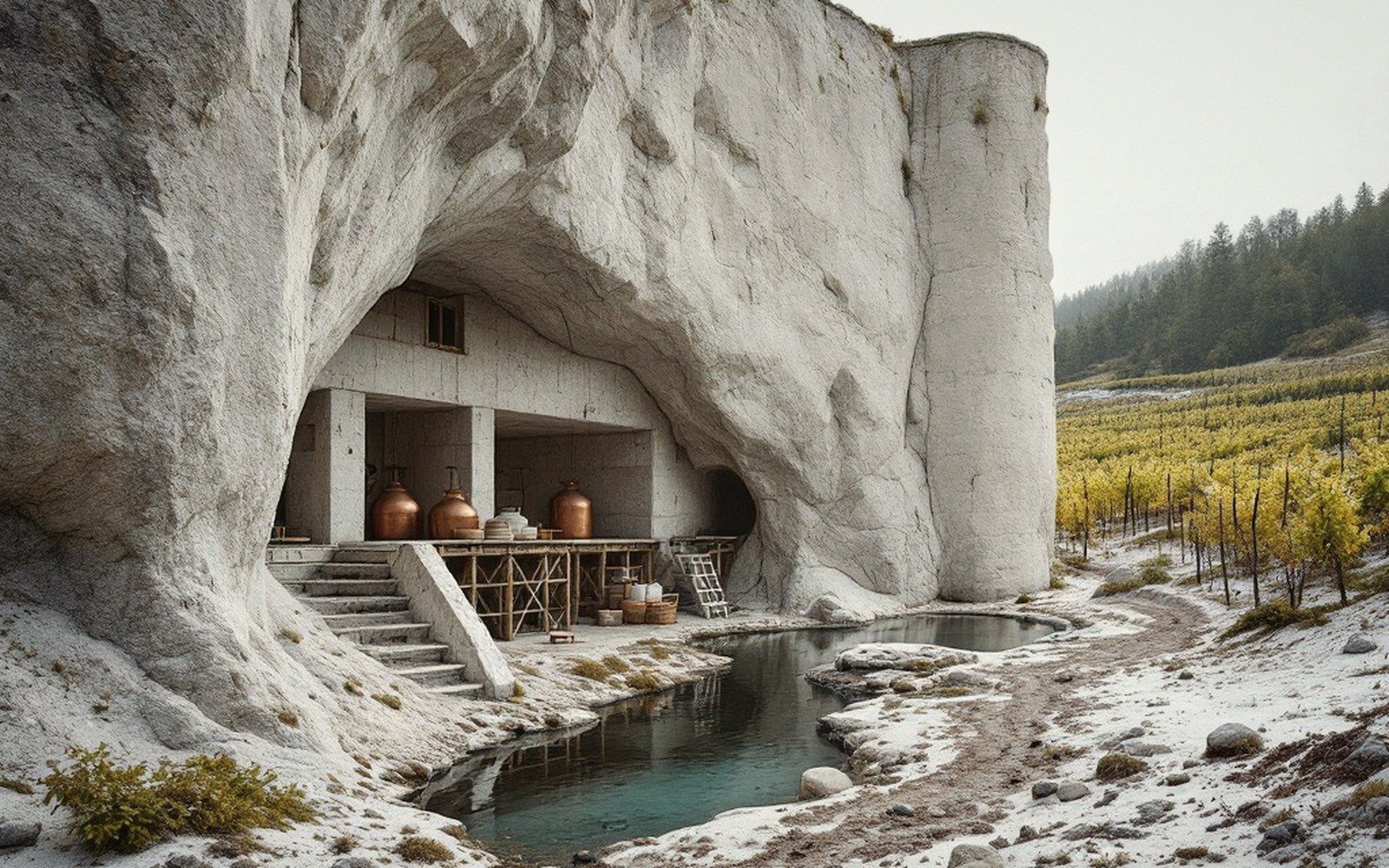 Copper stills housed in a rock-carved distillery beside a pool near vineyard terraces